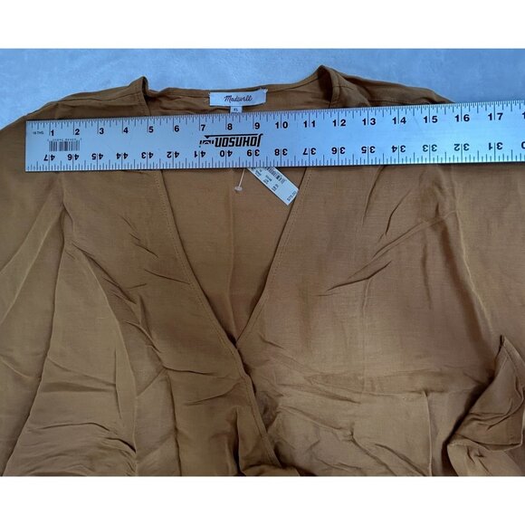 Madewell Linen-Blend Sash-Tie Wrap Top XL Toffee Short Sleeve AN950 New $75 - Picture 5 of 7